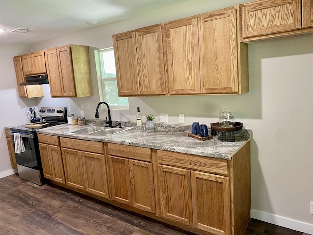 103 S 7th, Coal Hill, AR 72832 - kitchen featuring electric range, under cabinet range hood, and dark wood finished floors