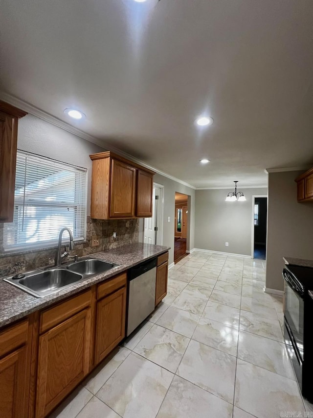 809 Banner St, Benton, AR 72015 - kitchen featuring stainless steel dishwasher, ornamental molding, dark countertops, black electric range, and brown cabinetry