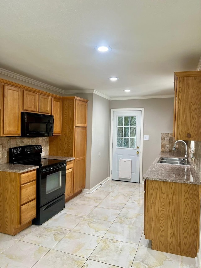 809 Banner St, Benton, AR 72015 - kitchen with black appliances, crown molding, tasteful backsplash, brown cabinets, and recessed lighting