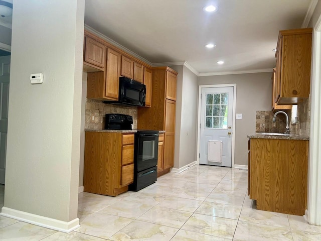 809 Banner St, Benton, AR 72015 - kitchen with black appliances, tasteful backsplash, ornamental molding, brown cabinetry, and dark stone countertops
