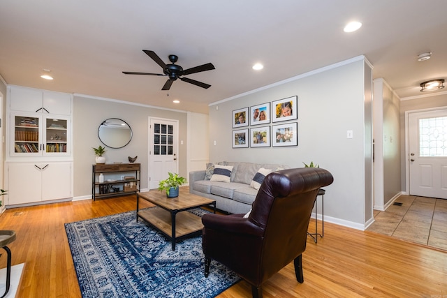 4509 Crestline Dr, North Little Rock, AR 72116 - living room featuring crown molding, a ceiling fan, light wood-style flooring, and recessed lighting