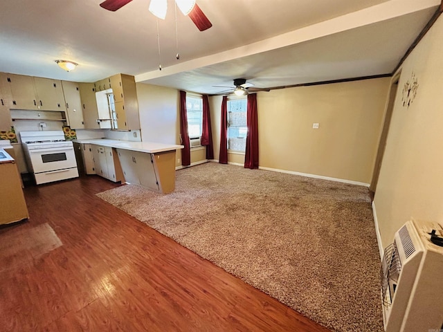 110 Saint Vincent St, Morrilton, AR 72110 - kitchen with white gas stove, a ceiling fan, a peninsula, and light countertops