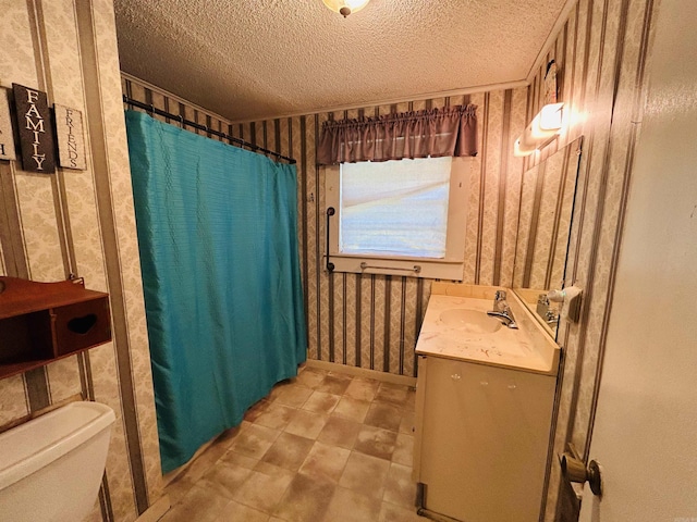 110 Saint Vincent St, Morrilton, AR 72110 - full bathroom featuring vanity, wallpapered walls, a textured ceiling, and curtained shower
