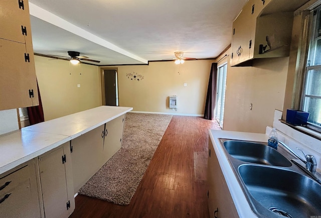 110 Saint Vincent St, Morrilton, AR 72110 - kitchen with a ceiling fan, dark wood-style flooring, heating unit, and light countertops