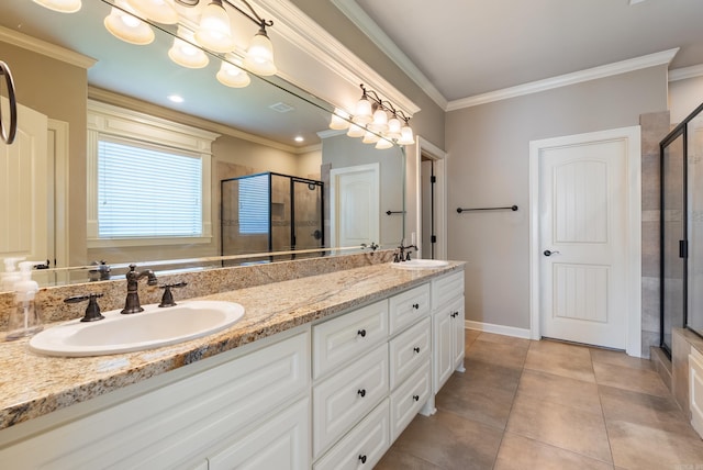 205 Lucia Ln, North Little Rock, AR 72113 - bathroom with a stall shower, double vanity, ornamental molding, and tile patterned floors