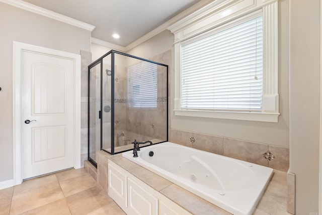 205 Lucia Ln, North Little Rock, AR 72113 - full bath featuring a shower stall, a jetted tub, tile patterned floors, and ornamental molding