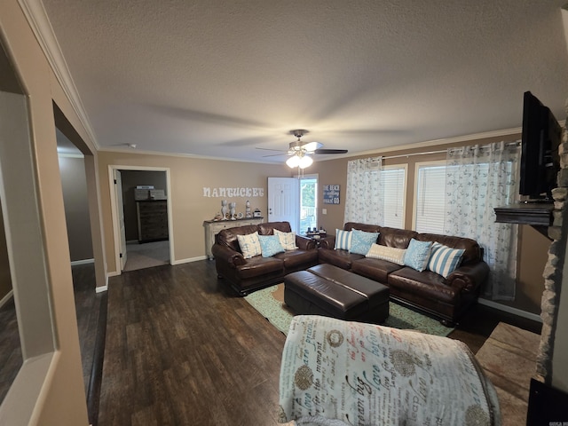 274 Hopewell Hollow Rd, Norfork, AR 72658 - living room featuring ornamental molding, dark wood-style floors, a textured ceiling, and ceiling fan
