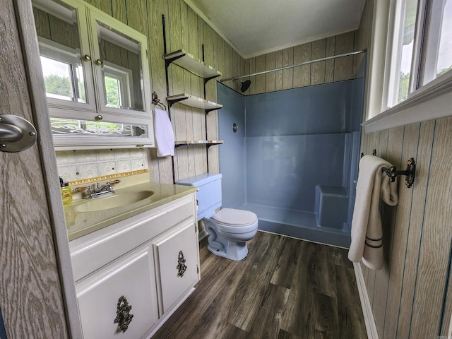 7309 Faulkner Lake Rd, North Little Rock, AR 72117 - full bath with a shower, vanity, wood finished floors, and wooden walls