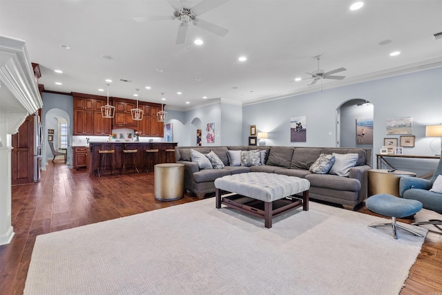 203 Miramar Blvd, Little Rock, AR 72223 - living area with arched walkways, ceiling fan, ornamental molding, recessed lighting, and dark wood-type flooring