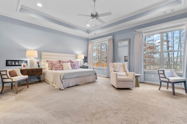 203 Miramar Blvd, Little Rock, AR 72223 - carpeted bedroom featuring a tray ceiling, ornamental molding, recessed lighting, and a ceiling fan