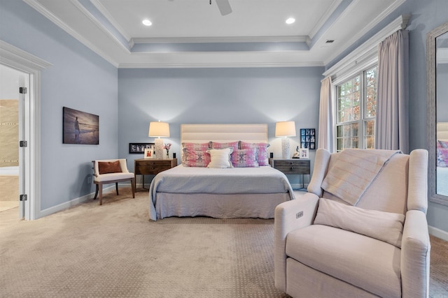 203 Miramar Blvd, Little Rock, AR 72223 - bedroom featuring a tray ceiling, carpet flooring, ornamental molding, ensuite bathroom, and ceiling fan