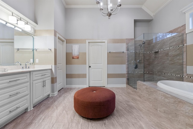 203 Miramar Blvd, Little Rock, AR 72223 - full bath featuring vanity, a bath, a stall shower, crown molding, and a chandelier