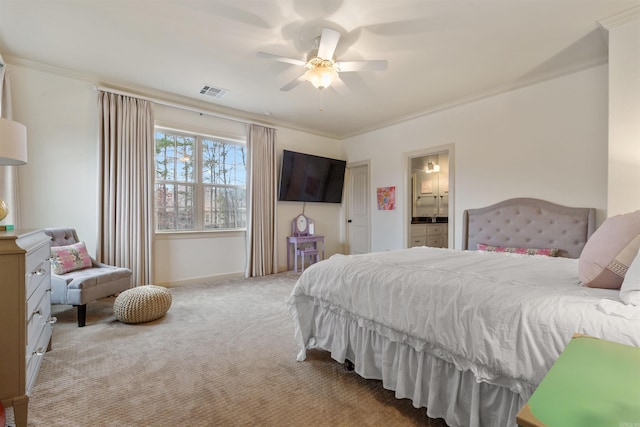 203 Miramar Blvd, Little Rock, AR 72223 - carpeted bedroom featuring crown molding, ensuite bathroom, and ceiling fan