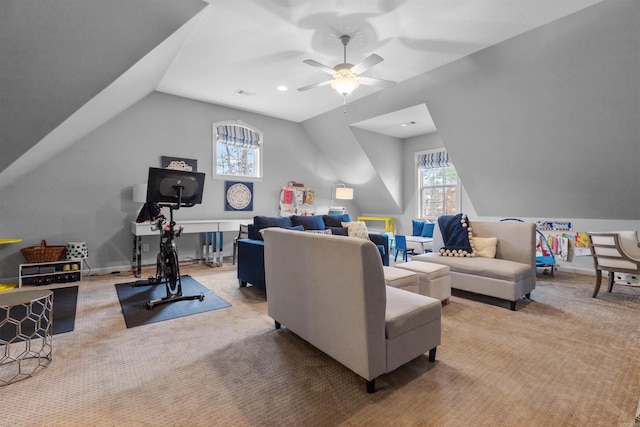 203 Miramar Blvd, Little Rock, AR 72223 - living room featuring lofted ceiling, carpet, and a ceiling fan