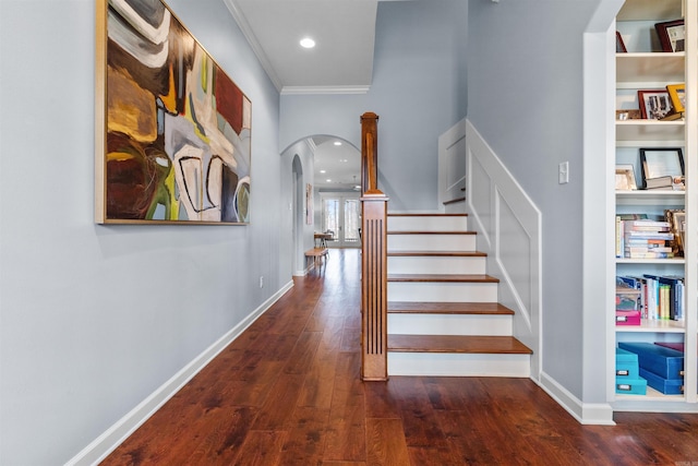 203 Miramar Blvd, Little Rock, AR 72223 - staircase with arched walkways, hardwood / wood-style floors, ornamental molding, and recessed lighting