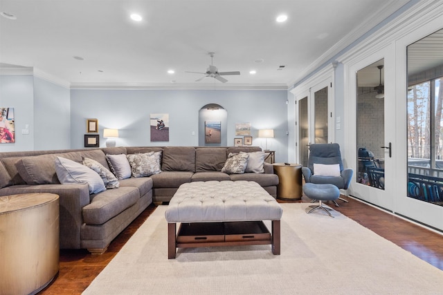 203 Miramar Blvd, Little Rock, AR 72223 - living area with wood finished floors, recessed lighting, ornamental molding, and ceiling fan
