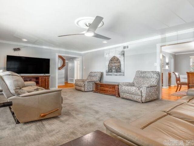 22 Nob Hill Cv, Little Rock, AR 72205 - living room with ornamental molding, a ceiling fan, and recessed lighting