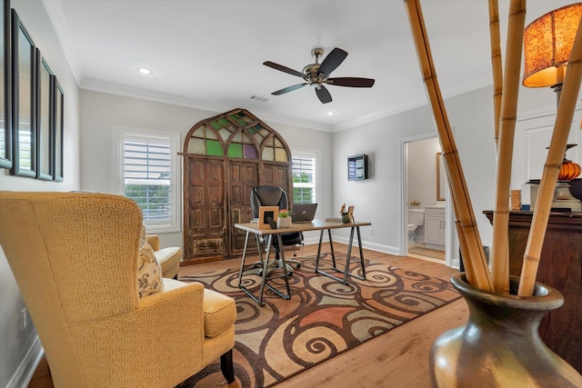 4260 Weldon Cv, Jonesboro, AR 72404 - office space featuring light wood finished floors, a ceiling fan, recessed lighting, and ornamental molding