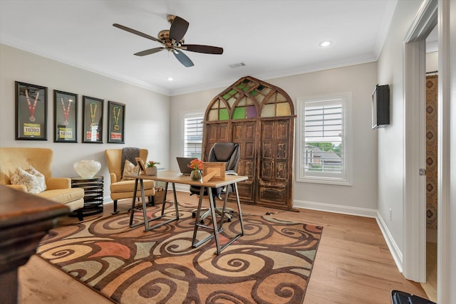 4260 Weldon Cv, Jonesboro, AR 72404 - office space featuring wood finished floors, ceiling fan, crown molding, and recessed lighting