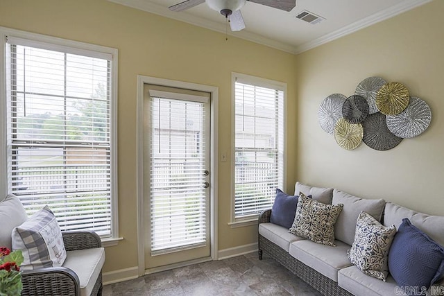 29 Taylor Park Loop, Little Rock, AR 72211 - sitting room with ornamental molding, a ceiling fan, and stone finish floors