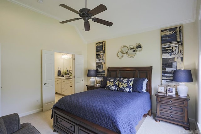 29 Taylor Park Loop, Little Rock, AR 72211 - bedroom with light colored carpet, vaulted ceiling, ensuite bathroom, ceiling fan, and ornamental molding