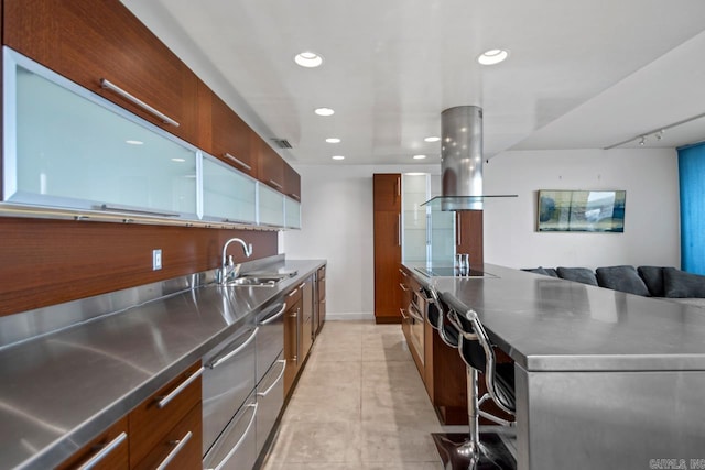 700 E 9th J St Unit 12J, Little Rock, AR 72202 - kitchen featuring stainless steel counters, island range hood, modern cabinets, black electric stovetop, and recessed lighting