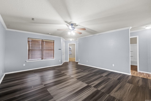 6532 Ridgemist Cv, North Little Rock, AR 72117 - empty room featuring ceiling fan, crown molding, a textured ceiling, and dark wood-type flooring