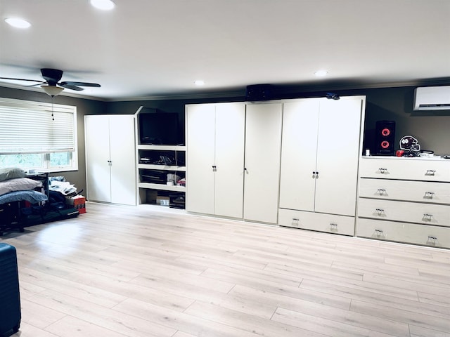 bedroom featuring ornamental molding, a wall mounted AC, light wood-style floors, and recessed lighting