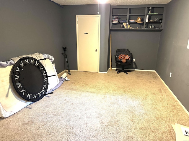 recreation room with carpet floors and a textured ceiling