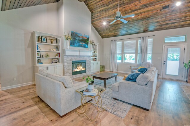 152 Callaway Cir, Hot Springs, AR 71913 - living room with wooden ceiling, high vaulted ceiling, a fireplace, ceiling fan, and light wood-style flooring