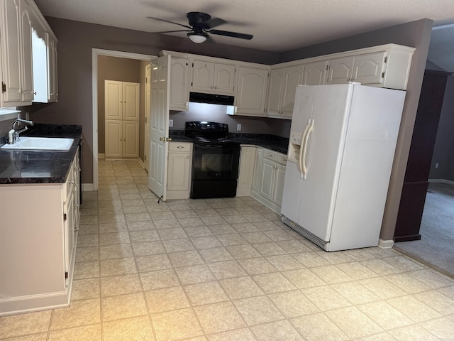 1008 Fox Ridge Dr, Benton, AR 72019 - kitchen with white refrigerator with ice dispenser, electric range, dark countertops, under cabinet range hood, and ceiling fan