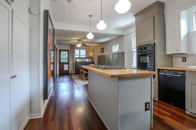 319 W G Ave, North Little Rock, AR 72116 - kitchen with wood counters, black appliances, a ceiling fan, dark wood finished floors, and backsplash
