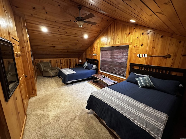 410 S Riverview Ln, Mountain View, AR 72560 - bedroom with lofted ceiling, wood walls, light colored carpet, wood ceiling, and recessed lighting