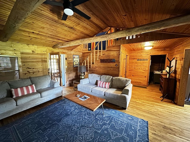 410 S Riverview Ln, Mountain View, AR 72560 - living room featuring ceiling fan, stairs, wood walls, wood ceiling, and wood finished floors
