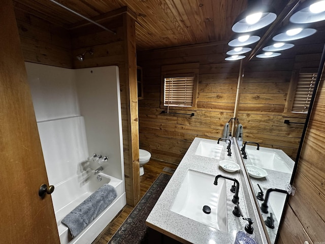 410 S Riverview Ln, Mountain View, AR 72560 - bathroom with wood walls, double vanity, shower / bathtub combination, wooden ceiling, and wood finished floors