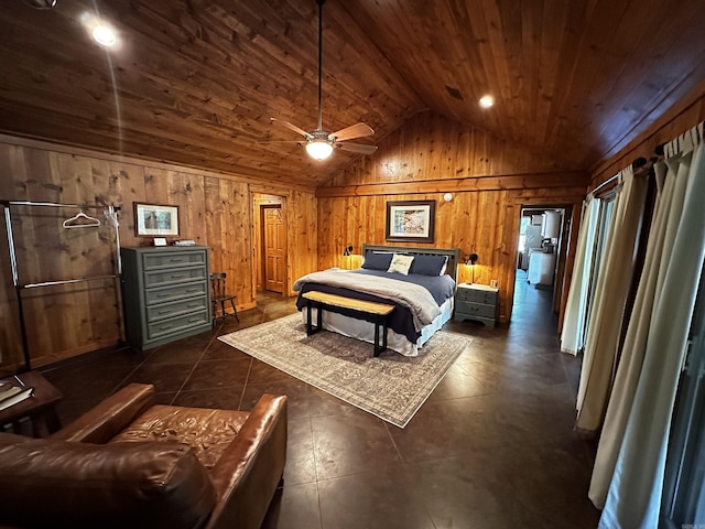 410 S Riverview Ln, Mountain View, AR 72560 - bedroom featuring wood walls, vaulted ceiling, wooden ceiling, and dark tile patterned flooring