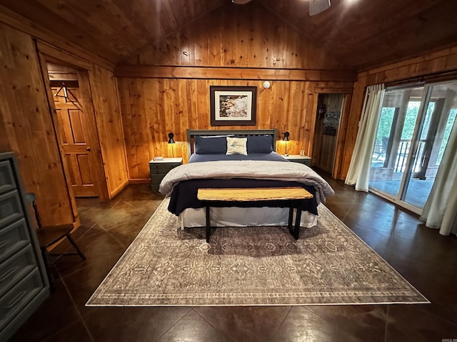 410 S Riverview Ln, Mountain View, AR 72560 - bedroom featuring access to outside, wood walls, and lofted ceiling
