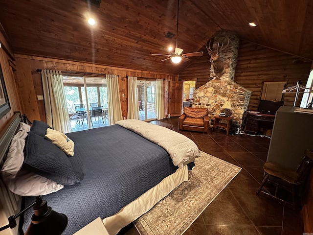 410 S Riverview Ln, Mountain View, AR 72560 - bedroom with access to outside, wooden walls, wooden ceiling, dark tile patterned floors, and high vaulted ceiling