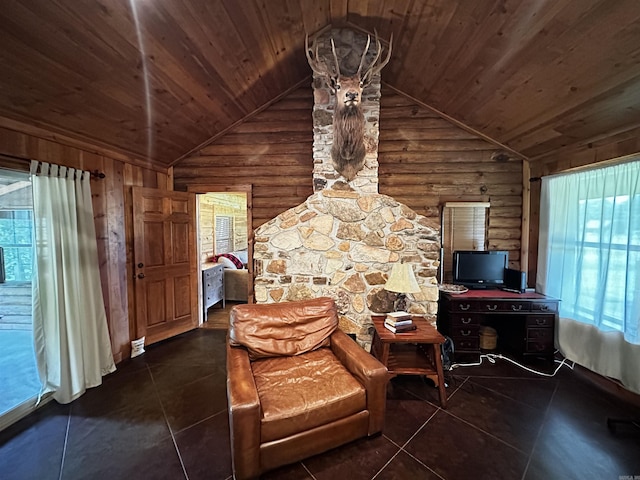 410 S Riverview Ln, Mountain View, AR 72560 - sitting room with wooden ceiling, dark tile patterned floors, lofted ceiling, and rustic walls