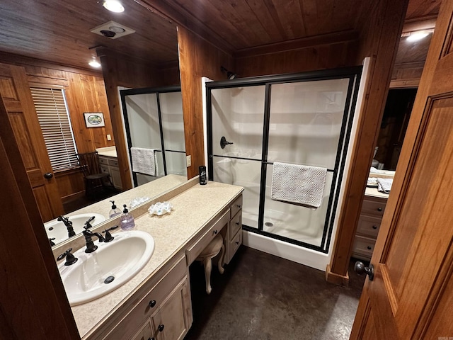 410 S Riverview Ln, Mountain View, AR 72560 - full bathroom with wood ceiling, wood walls, a stall shower, vanity, and finished concrete floors