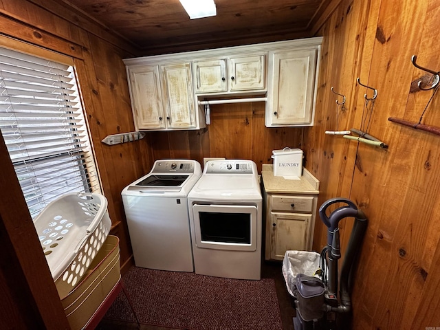 410 S Riverview Ln, Mountain View, AR 72560 - washroom featuring cabinet space, washer and clothes dryer, wood walls, and wood ceiling