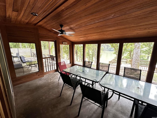 410 S Riverview Ln, Mountain View, AR 72560 - sunroom / solarium featuring wooden ceiling, outdoor dining area, lofted ceiling, ceiling fan, and concrete floors