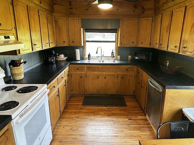 410 S Riverview Ln, Mountain View, AR 72560 - kitchen featuring white range with electric cooktop, ventilation hood, dishwasher, and dark countertops