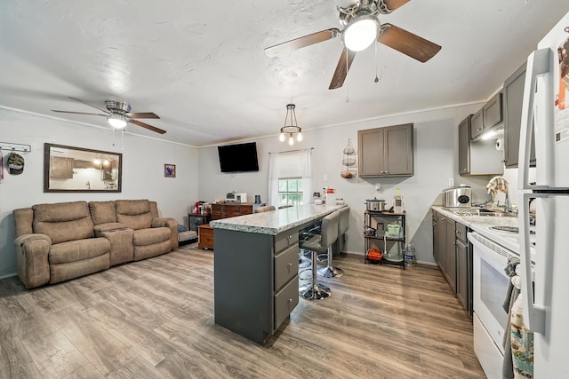172 Susie Ln, Mena, AR 71953 - kitchen with gray cabinets, a ceiling fan, wood finished floors, white range with electric cooktop, and a peninsula