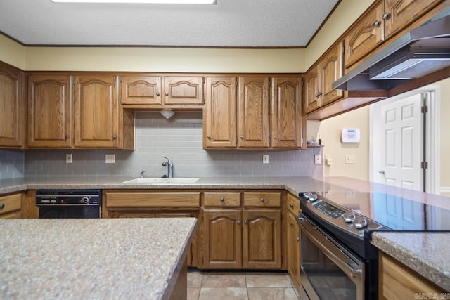 3905 Deer Dr, Benton, AR 72019 - kitchen featuring stainless steel electric range, dishwasher, decorative backsplash, under cabinet range hood, and brown cabinets