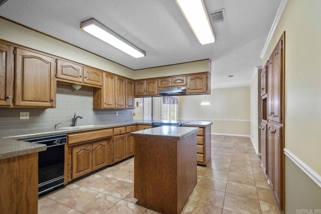 3905 Deer Dr, Benton, AR 72019 - kitchen featuring dishwasher, a peninsula, a textured ceiling, under cabinet range hood, and backsplash