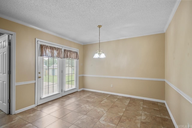 3905 Deer Dr, Benton, AR 72019 - unfurnished dining area featuring a textured ceiling, a chandelier, and crown molding