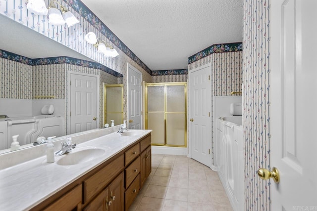 3905 Deer Dr, Benton, AR 72019 - bathroom featuring wallpapered walls, a stall shower, double vanity, a bath, and tile patterned flooring