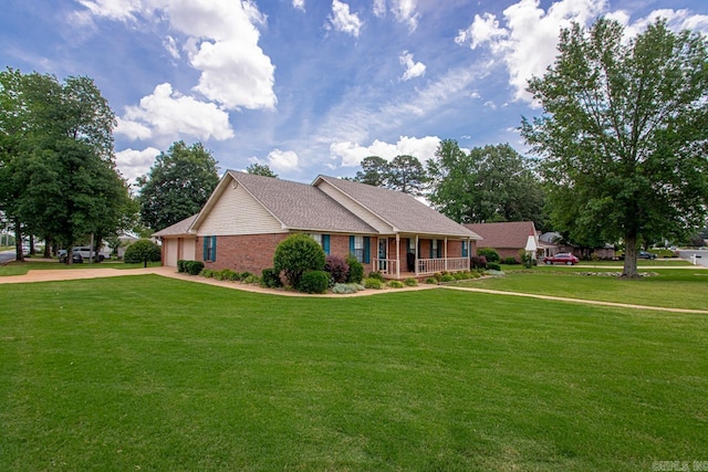 3905 Deer Dr, Benton, AR 72019 - ranch-style house with covered porch, a front lawn, brick siding, concrete driveway, and an attached garage