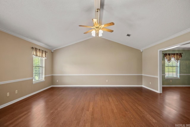 3905 Deer Dr, Benton, AR 72019 - unfurnished room featuring wood finished floors, ceiling fan, healthy amount of natural light, ornamental molding, and lofted ceiling